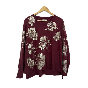 Cupid Metallic Floral Sweater Plus Sz 2X Burgundy Red Gold Holiday Fall Autumn